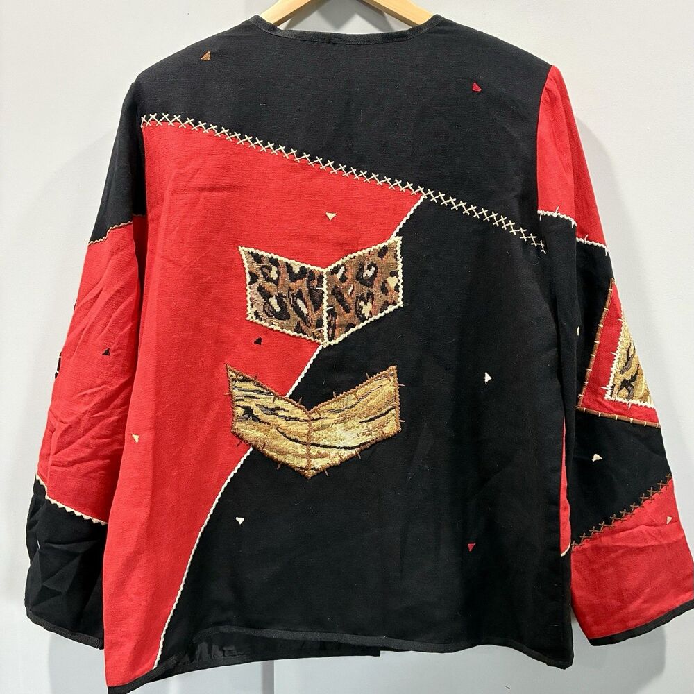 Vintage Indigo Moon Art to Wear Animal Patchwork Embroidered Jacket M Red Black - Picture 6 of 11